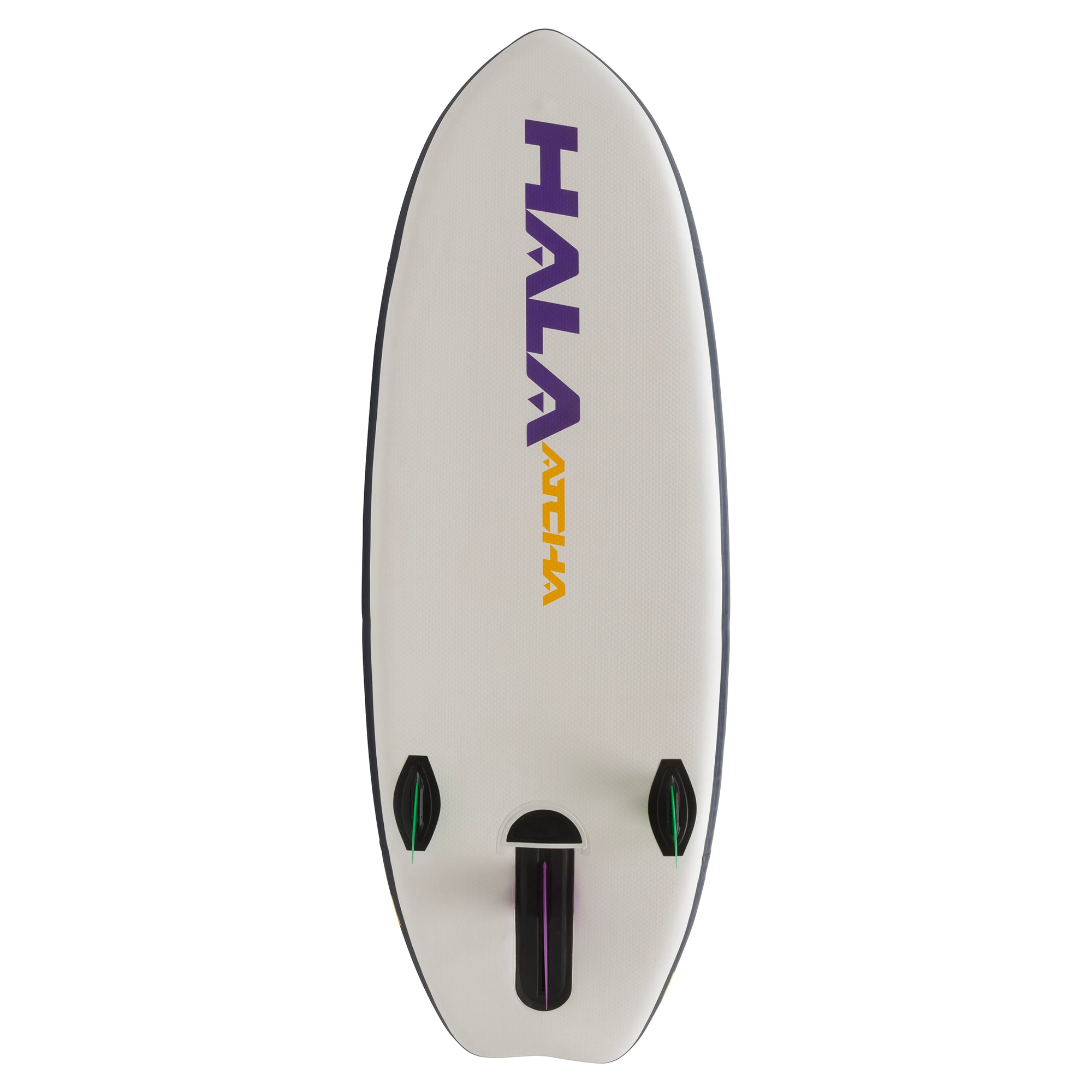 Bottom view of the Hala Atcha 8'6 inflatable paddle board, featuring purple Hala and yellow Atcha branding. Equipped with the Stompbox 2.5 retractable fin system and two side bite river fins.