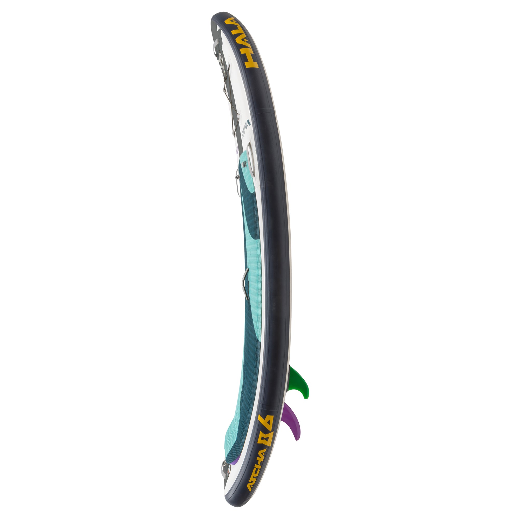 Side view of the Hala Atcha 8'6 inflatable paddle board in teal and dark blue, featuring the Hala logo and ‘Atcha 8'6’ text along the grey side rail, highlighting the rocker shape for maneuverability in whitewater.