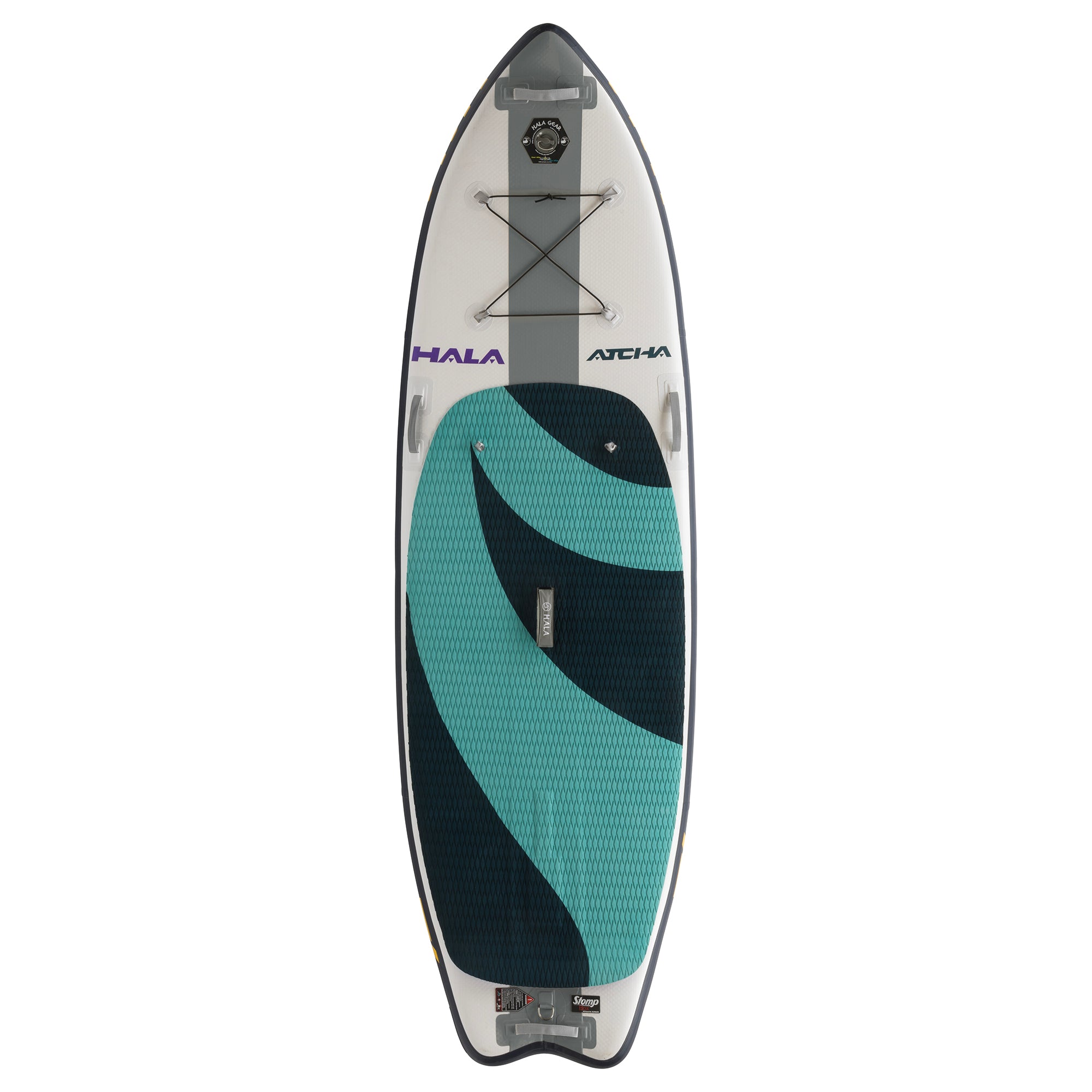 Top-down view of the Hala Atcha 9'6 inflatable paddle board in teal, and dark blue. Featuring a textured deck pad, Hala and Atcha branding.