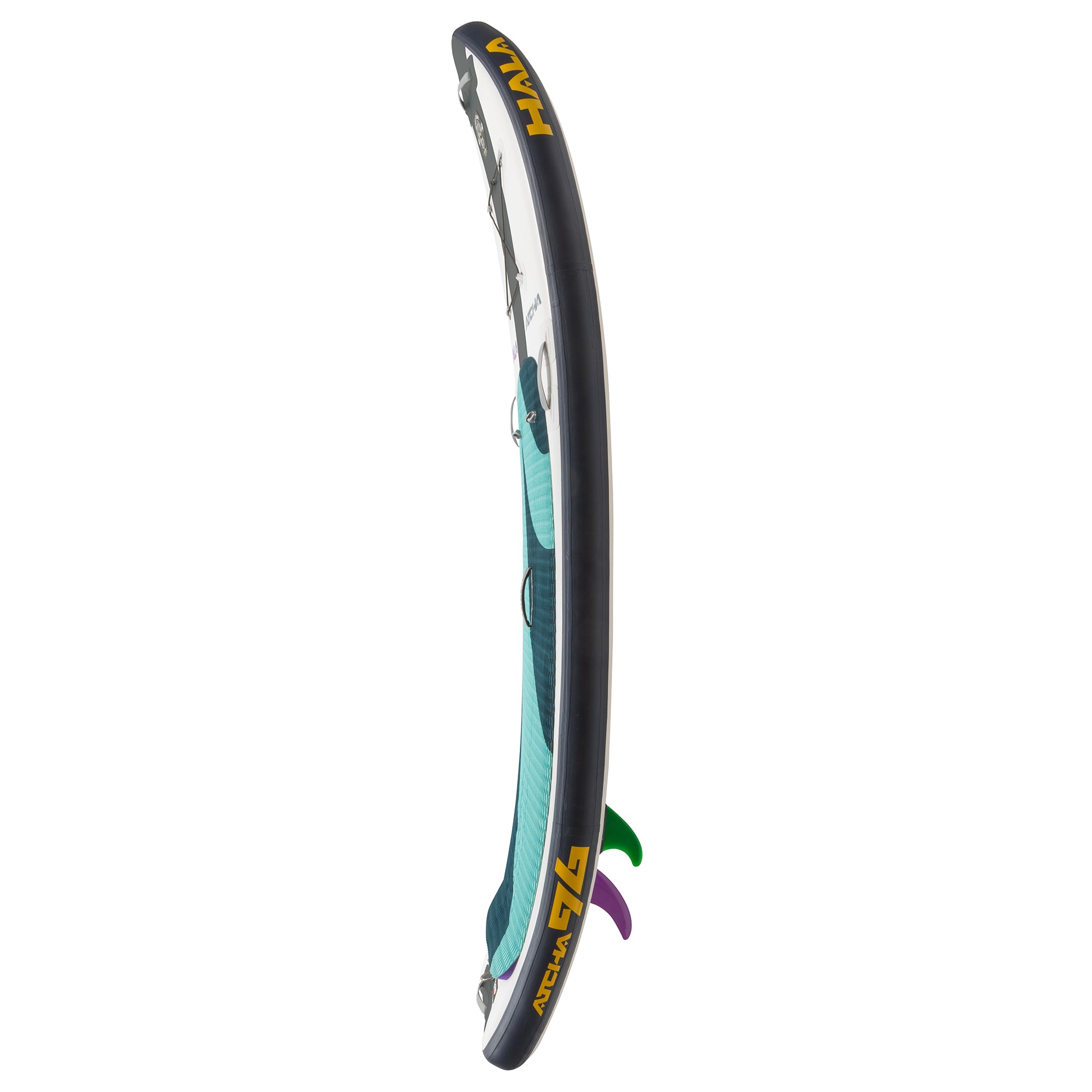 Side view of the Hala Atcha 9'6 inflatable paddle board in teal and dark blue, featuring the Hala logo and ‘Atcha 9'6’ text along the grey side rail, highlighting the rocker shape for maneuverability in whitewater.