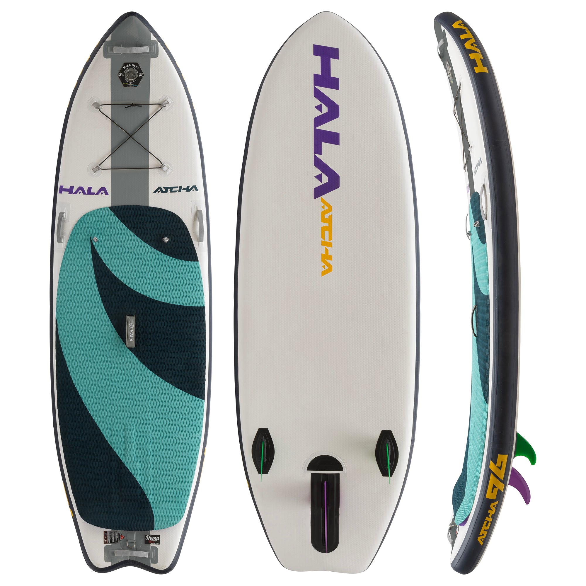Hala Atcha 9'6 inflatable paddle board displayed from multiple angles in teal, and dark blue. Includes top deck with traction pad, bottom view with fin setup and Hala logo, and side profile showing rocker shape and Atcha 9'6 branding.