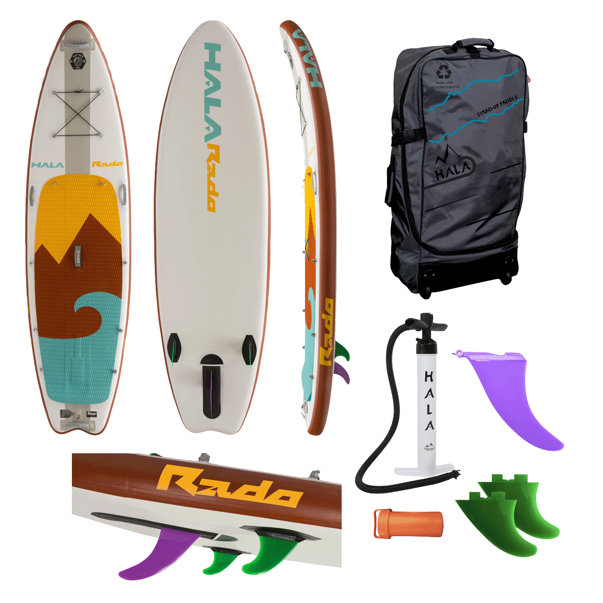 Complete Hala Rado inflatable paddle board kit, featuring a board with red, teal, and yellow mountain and wave design deck pad. Includes travel bag, dual-action hand pump, 4.5 gummy side-bite fins, StompBox 2.5 retractable fin system, and repair kit.