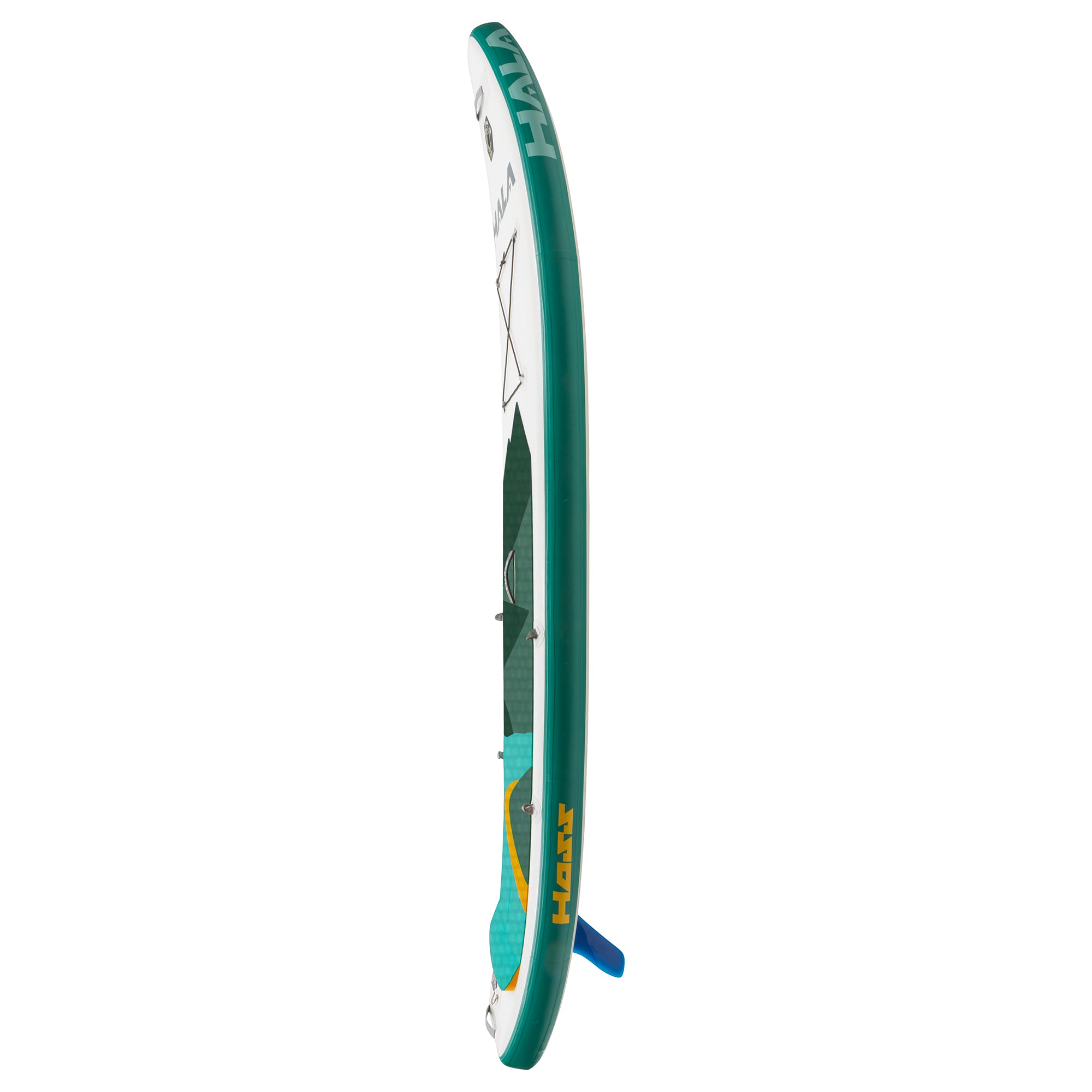 Side view of the Hala Hoss inflatable paddle board, featuring green rails with 'Hoss' branding and a mounted 9-inch center fin.