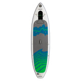 Top-down view of the Hala Hoss Tour EX 2024 inflatable paddle board in blue and green, an all-around SUP designed for speed and flatwater performance.