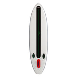 Bottom view of the Hala Hoss Tour EX 2024 inflatable paddle board, featuring a carbon strip with Hoss logo, an 8-inch surf fin, two molded side bite fins, and an Air7 fin box.