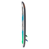Side view of Hala Hoss inflatable paddle board in blue and Green, with Hala logo and ‘Hoss Tour EX’ text along the rail.
