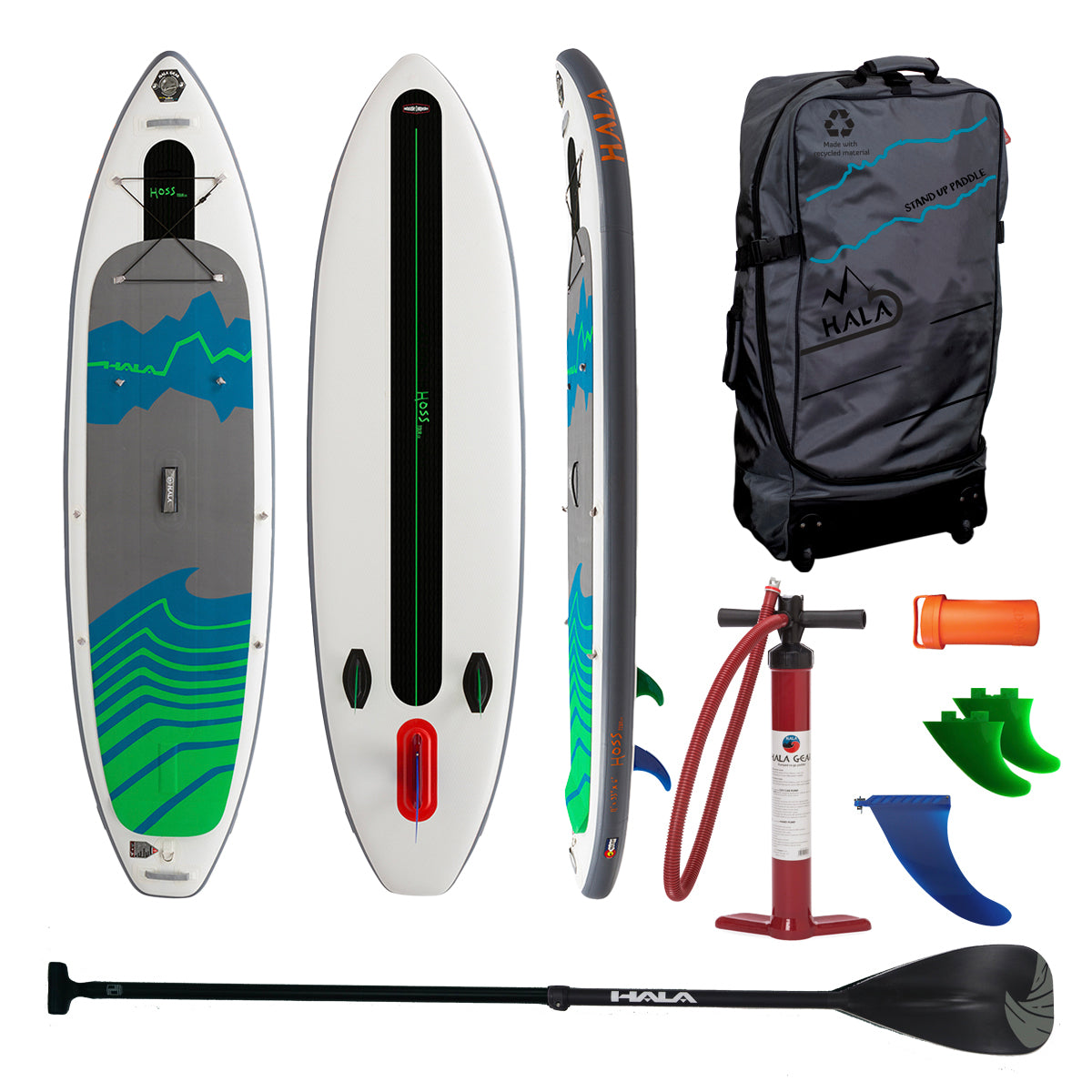 Hala Hoss Tour EX 2024 inflatable paddle board full kit, featuring a blue and green board, travel bag, hand pump, adjustable paddle, center fin, repair kit, and additional accessories – complete SUP package.