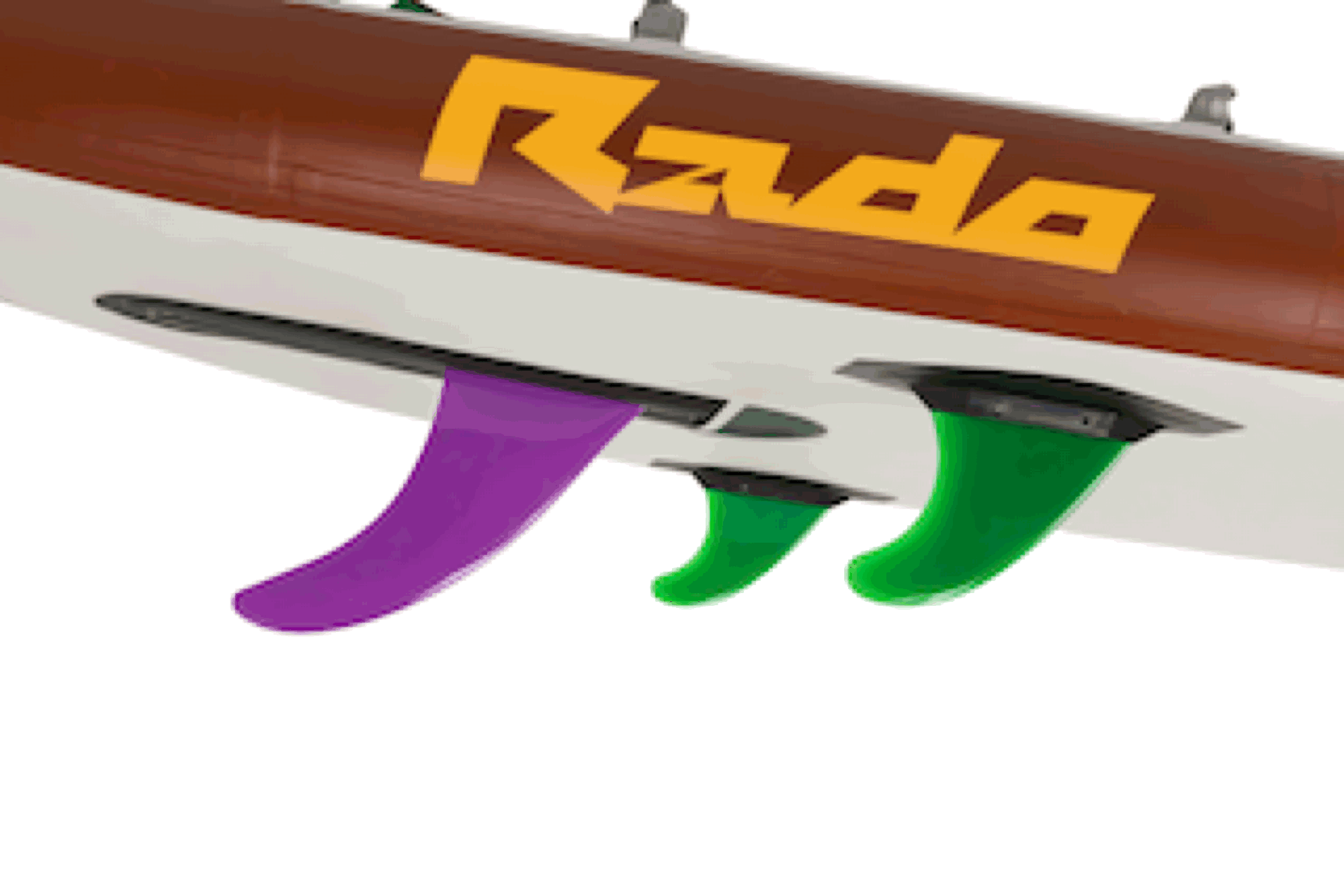 Hala StompBox 2.5 kit installed on the Hala Rado inflatable paddleboard, featuring an automatic retractable fin system for superior performance in shallow and rocky waters.