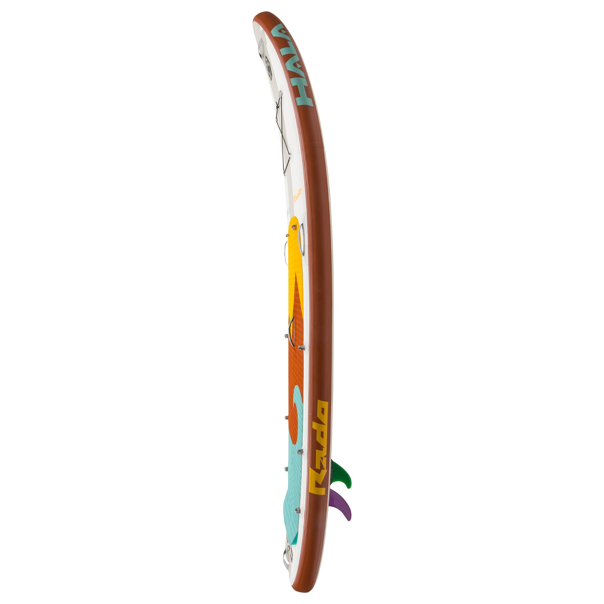 Side view of the Hala Rado inflatable paddle board, featuring red rails with yellow 'Rado' branding and a teal Hala logo.