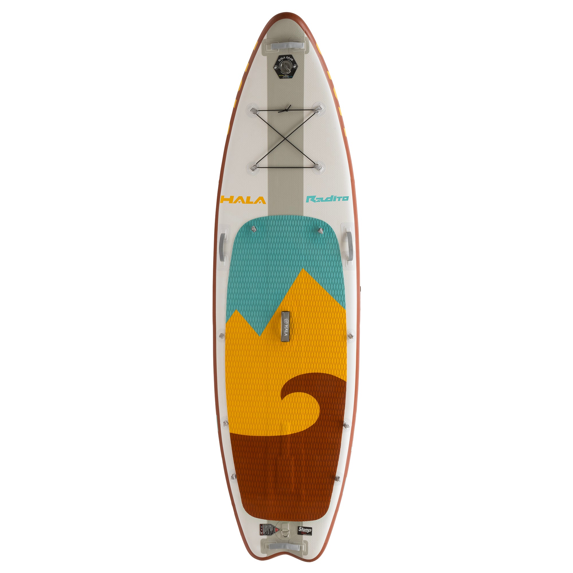 Top-down view of the Hala Radito inflatable paddle board with a red, teal, and yellow mountain and wave deck design. Includes front bungee storage and a stable shape for all water paddling.