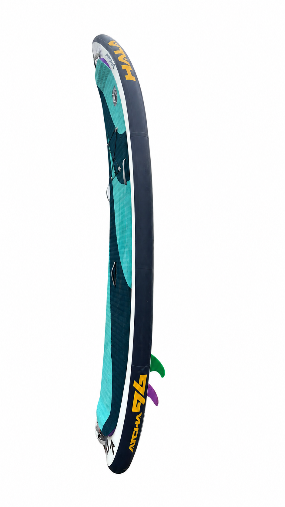 Side profile of the Hala Atcha 96-R inflatable whitewater SUP on white background