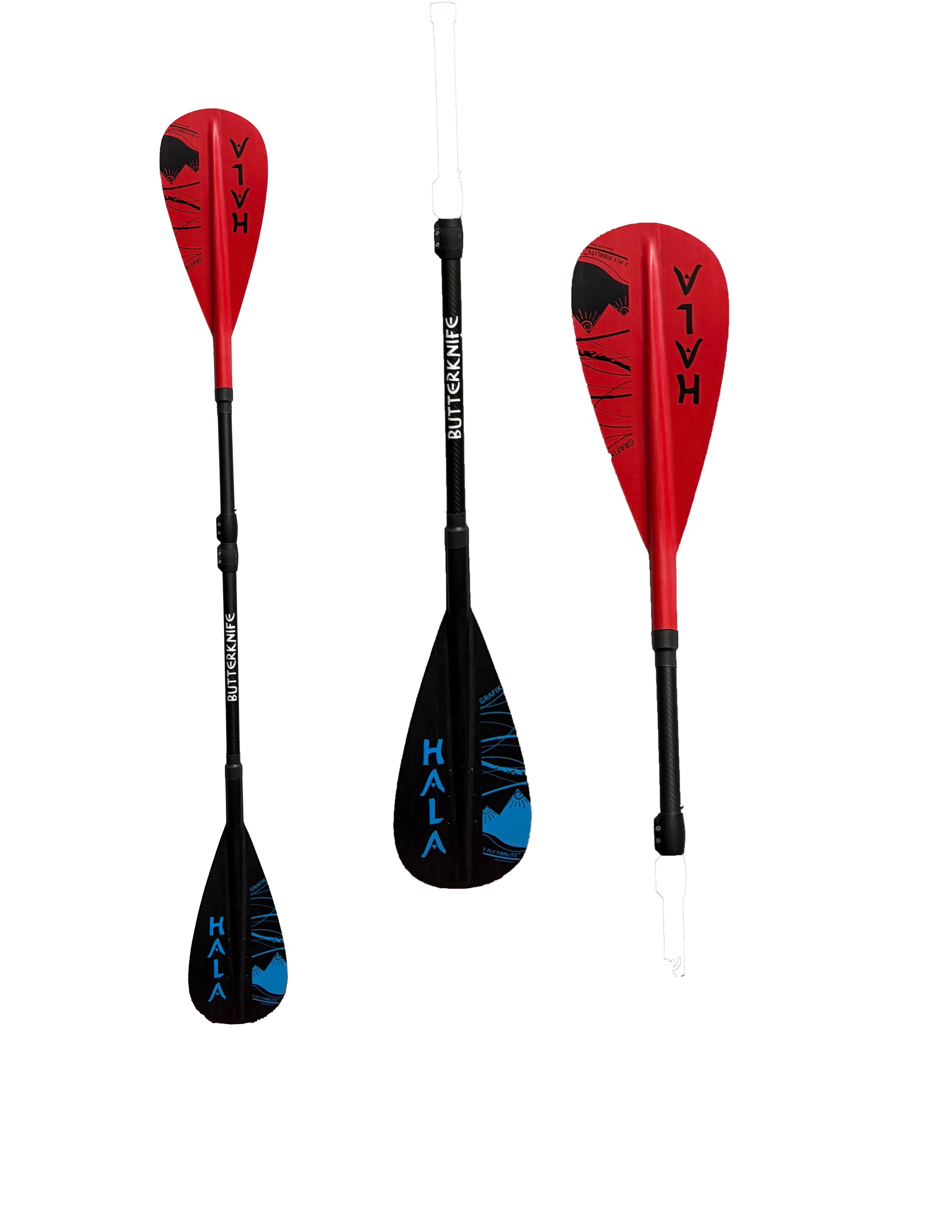 Disassembled Hala Butterknife Travel Carbon Paddle in black, red and blue, showing three parts: blade section, handle section, and middle shaft with height markers.