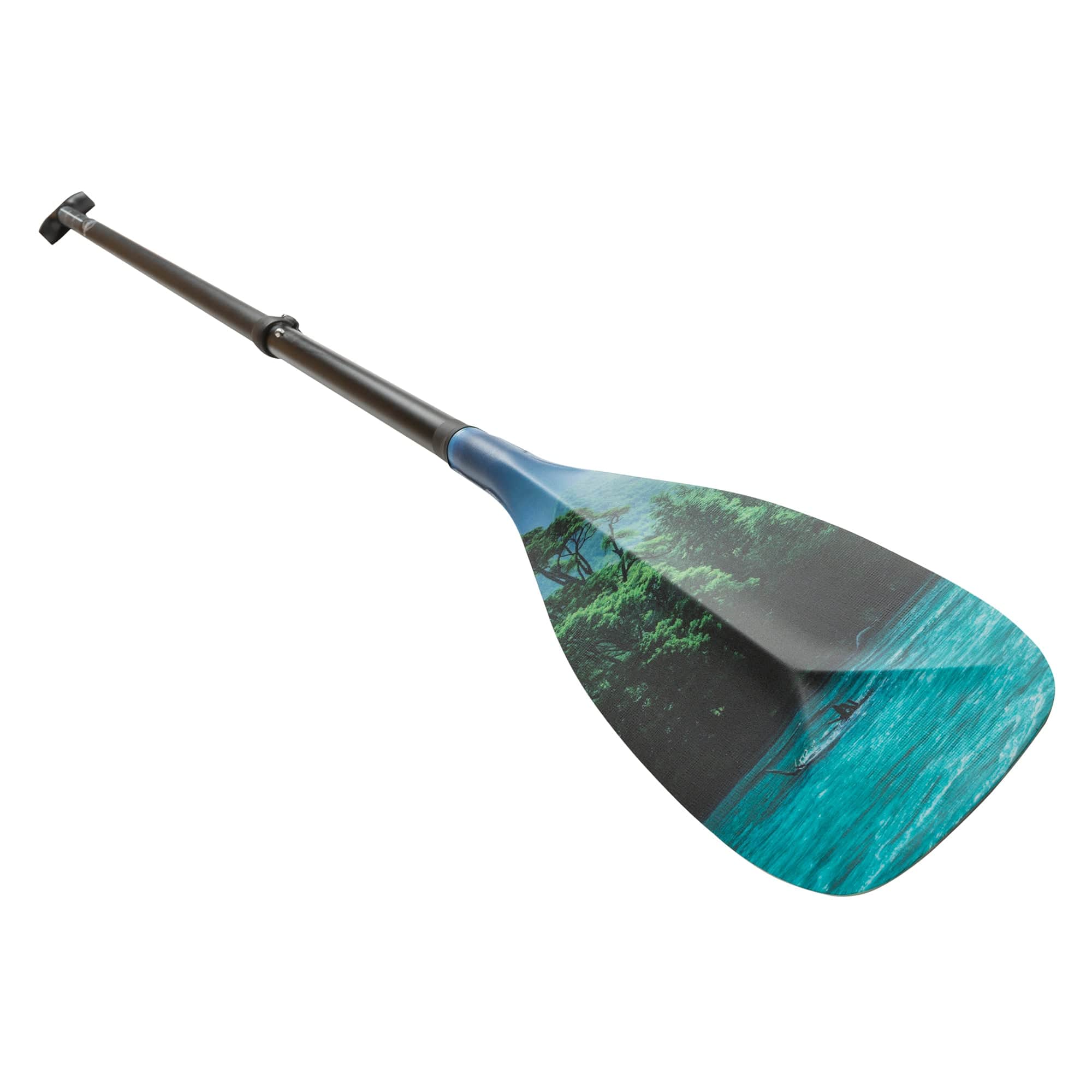 Detailed view of the Hala Rival Carbon Paddle blade, showcasing a high-resolution tropical water and forest graphic. The blade design ensures smooth power transfer, while the durable carbon hybrid construction offers lightweight performance and resilience for varied paddling conditions.