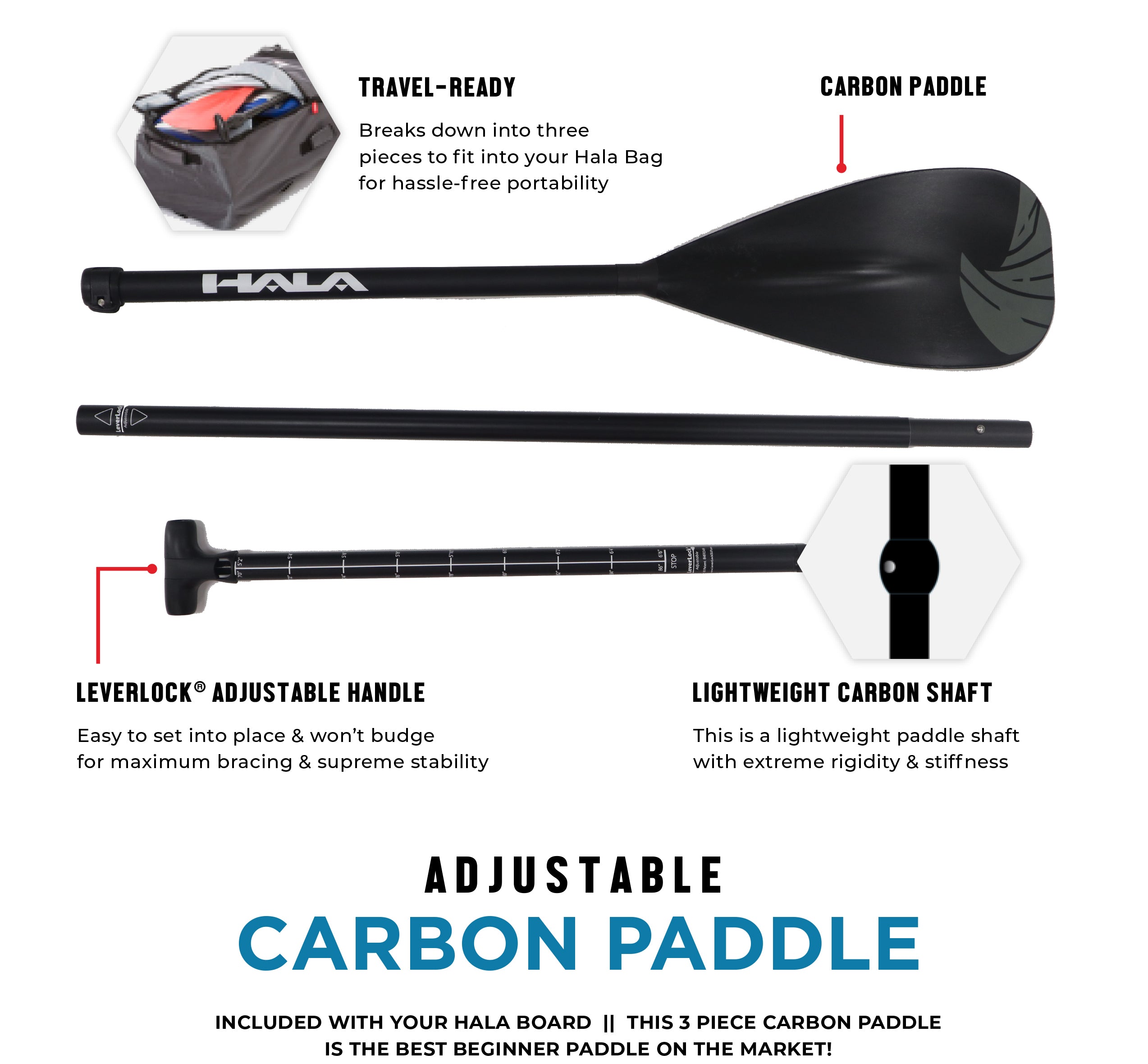 Hala B-Line 3-piece adjustable carbon paddle, black with grey Hala logo, lightweight travel paddle with LeverLock® handle and carbon shaft for stand-up paddleboarding.