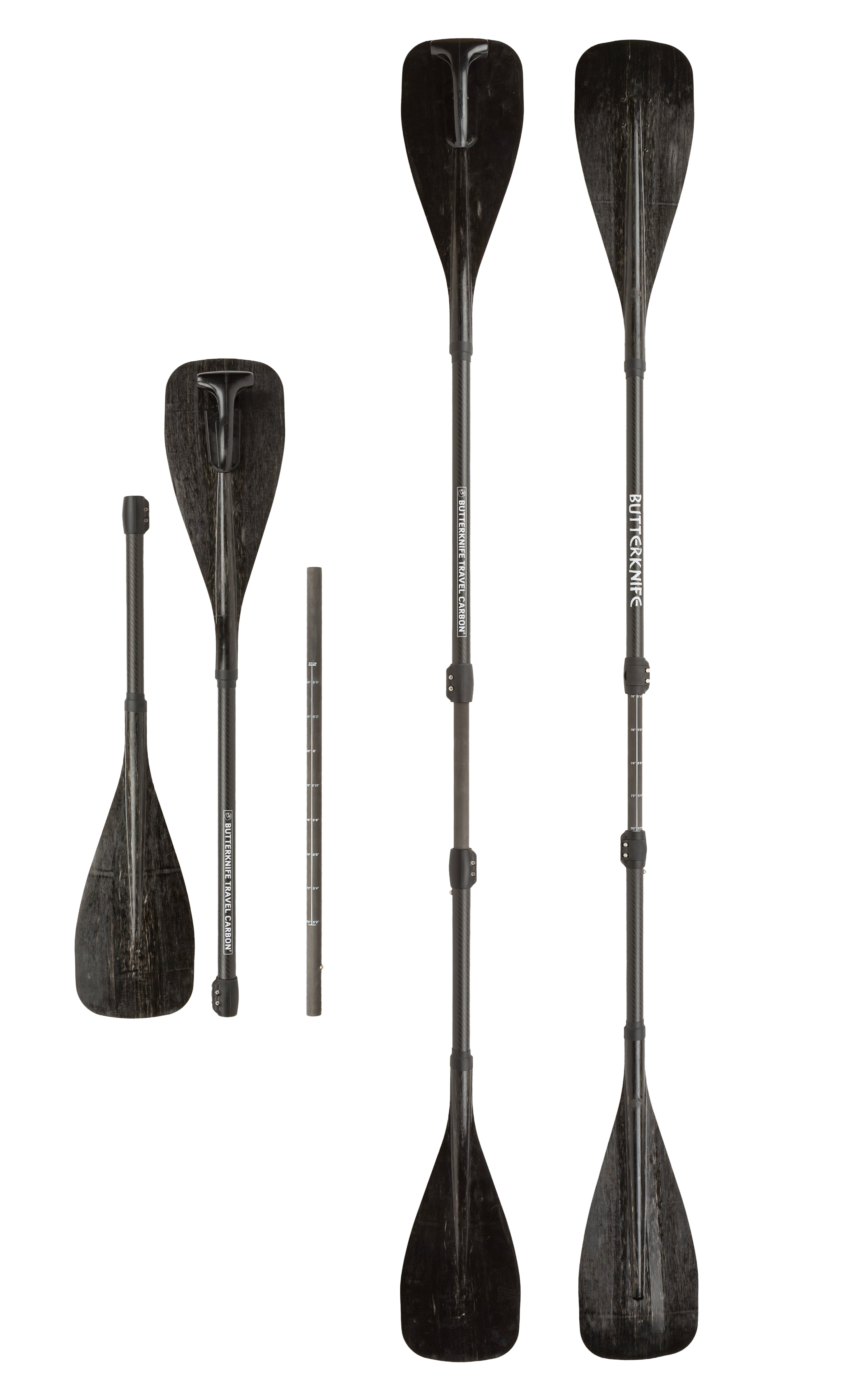 Hala Butterknife Travel Carbon Paddle in black, shown both disassembled into three parts and fully assembled in multiple configurations to display its versatility from all angles