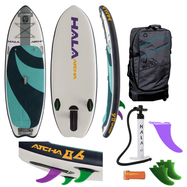 Hala Atcha 8'6 inflatable paddle board full kit in teal, and dark blue. Includes the board, travel bag, hand pump, StompBox retractable fin system, repair kit, and additional fins for versatile river surfing and whitewater performance.