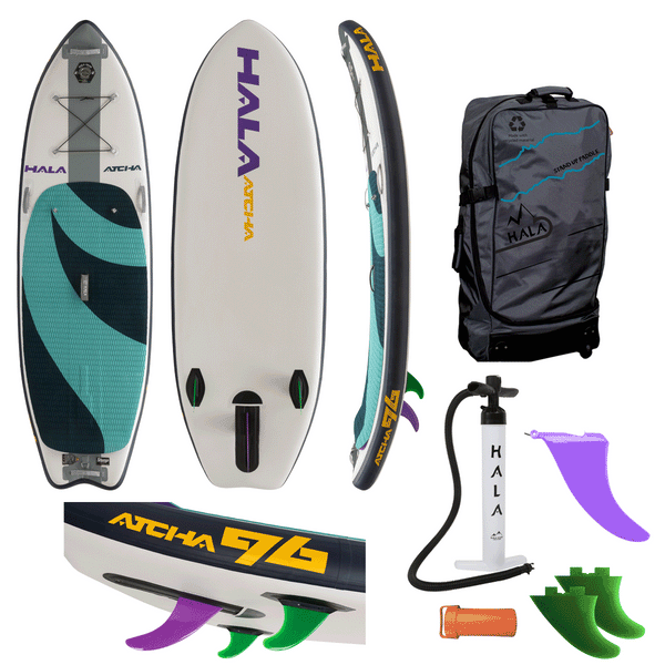 Hala Atcha 9'6 inflatable paddle board full kit in teal, and dark blue. Includes the board, travel bag, hand pump, StompBox retractable fin system, repair kit, and additional fins for versatile river surfing and whitewater performance.