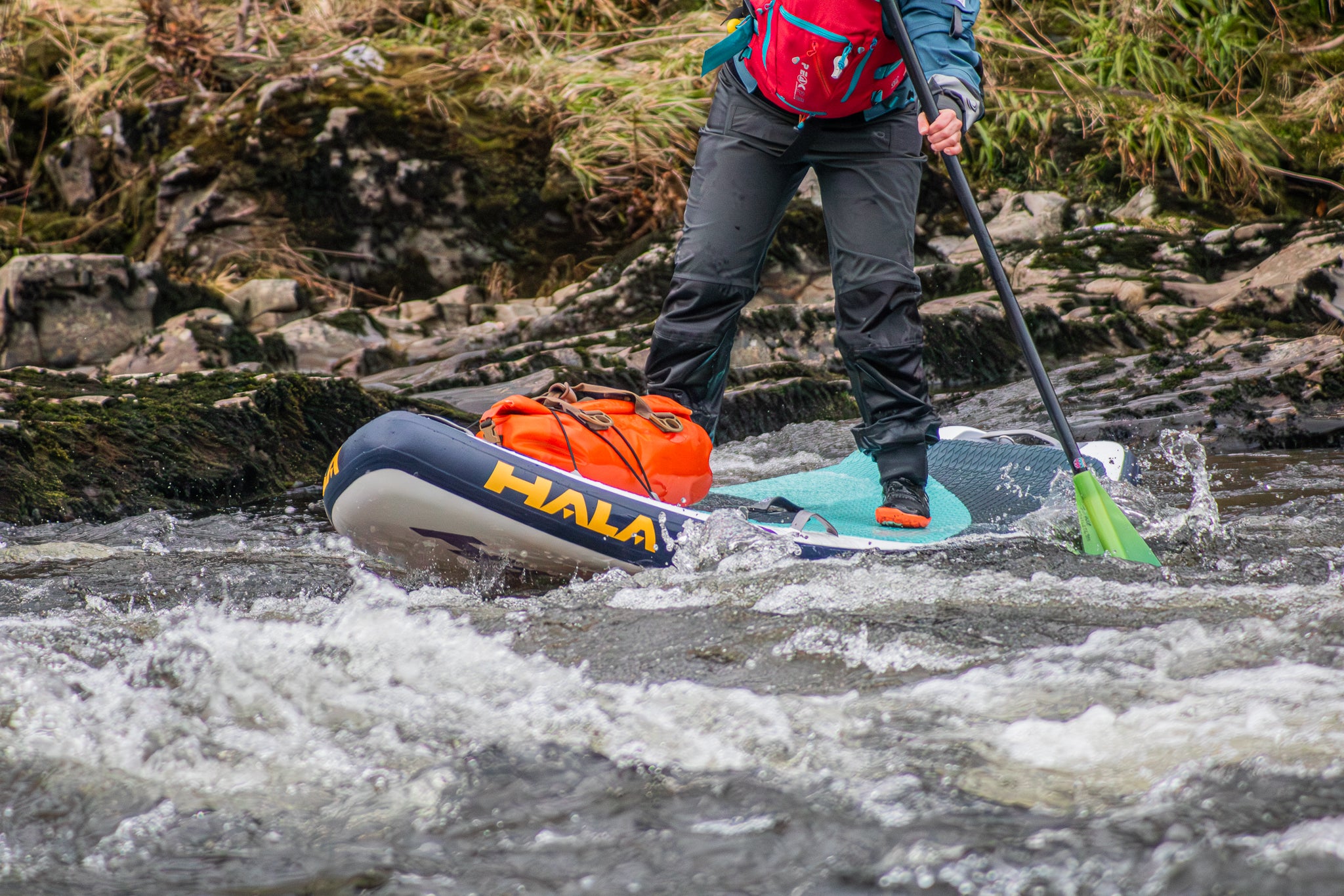 Stand-up paddleboarder's legs and board