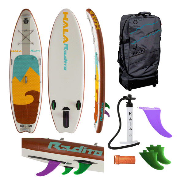 Complete Hala Radito inflatable paddle board kit, featuring a board with red, teal, and yellow mountain and wave design deck pad. Includes travel bag, dual-action hand pump, 4.5 gummy side-bite fins, StompBox 2.5 retractable fin system, and repair kit.