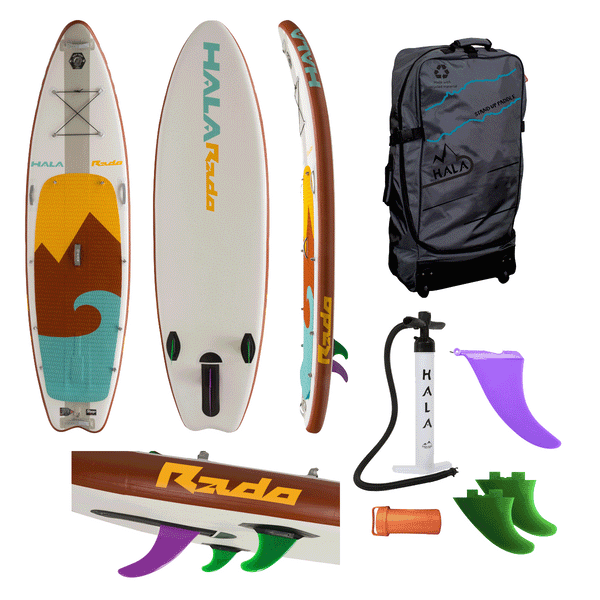 Complete Hala Rado inflatable paddle board kit, featuring a board with red, teal, and yellow mountain and wave design deck pad. Includes travel bag, dual-action hand pump, 4.5 gummy side-bite fins, StompBox 2.5 retractable fin system, and repair kit.