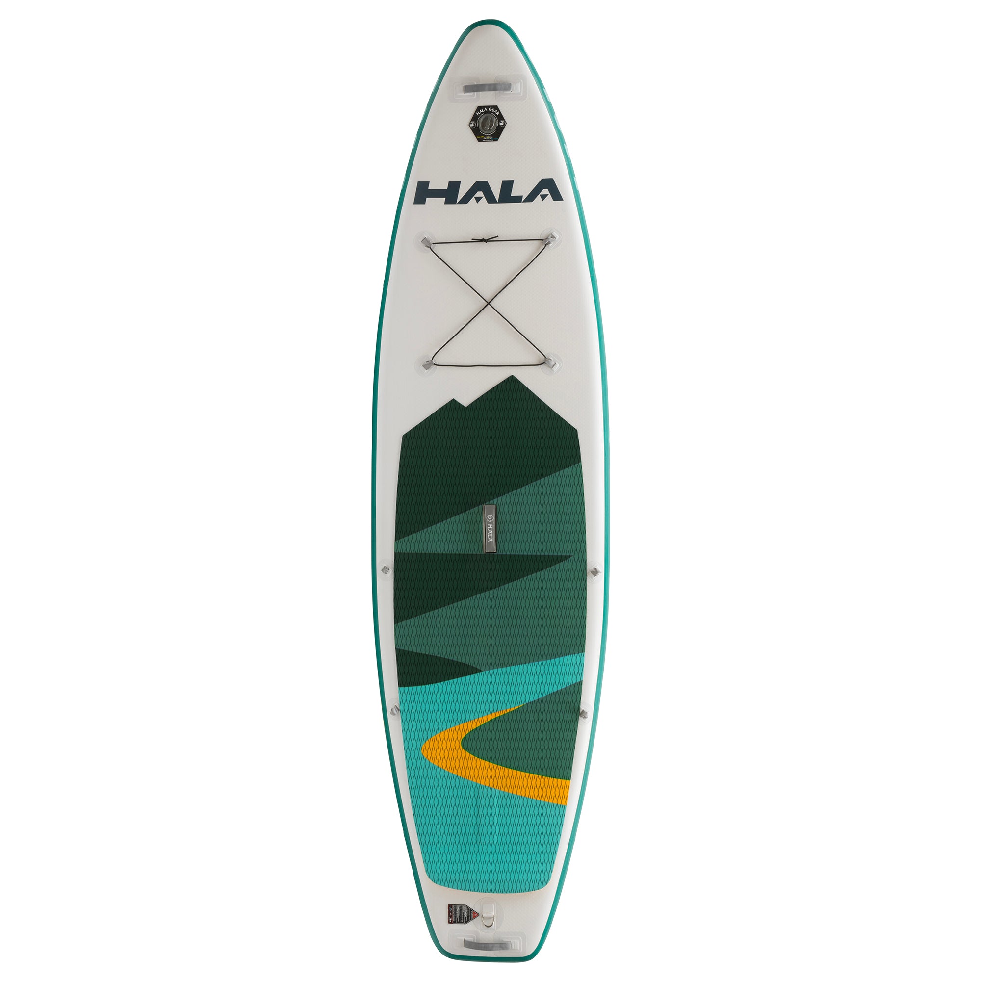 Top-down view of the Hala Hoss inflatable paddle board with a green, blue, and yellow mountain design. Includes front bungee storage and a stable shape for flatwater and light river paddling.
