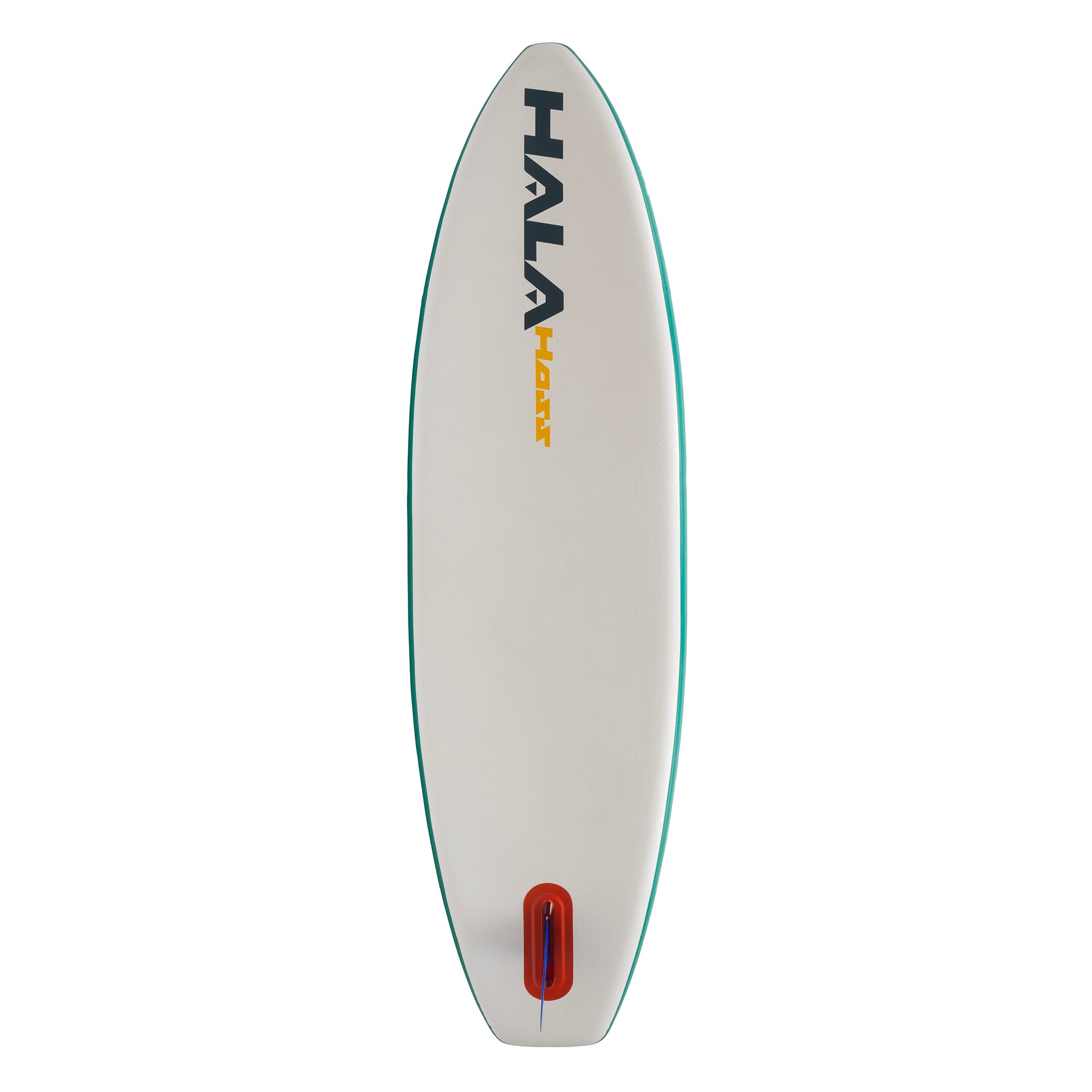 Bottom view of the Hala Hoss inflatable paddle board, featuring the teal Hala logo, yellow 'Hoss' branding, and an Air7 fin box with a 9-inch center fin.