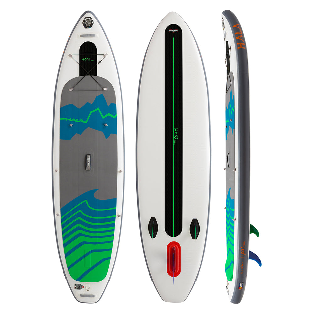 Hala Hoss Tour EX 2024 inflatable paddle board in blue and green, shown from three angles: top deck with traction pad and bungee storage, bottom with fin setup and carbon strip, and side profile displaying Hala and Hoss logos.