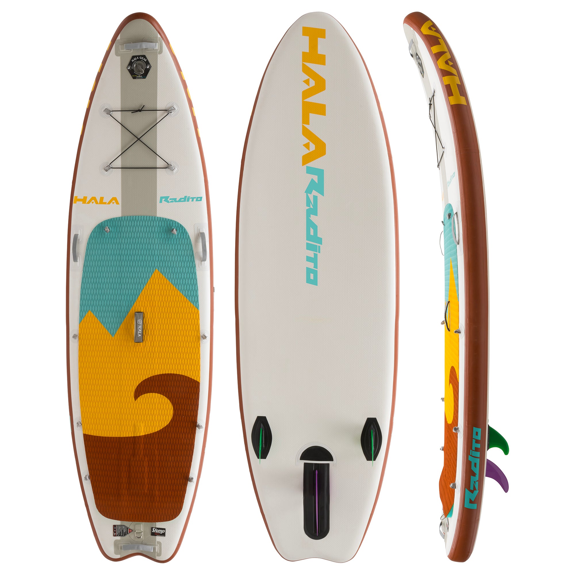 Hala Radito inflatable paddle board shown from three angles: top view featuring a red, teal, and yellow mountain and wave design deck pad with bungee tie-downs; bottom view with fin setup and Hala Radito branding; and side profile displaying board thickness and logo placement.