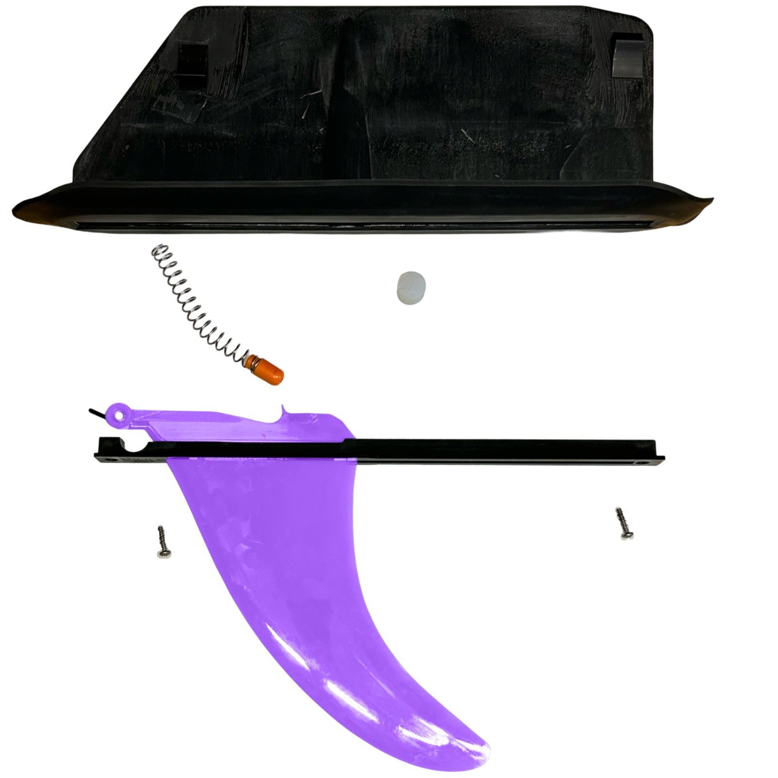 Exploded view of the Hala StompBox 2.5 fin system, showing individual components including the purple retractable fin, spring mechanism, screws, and fin box housing.