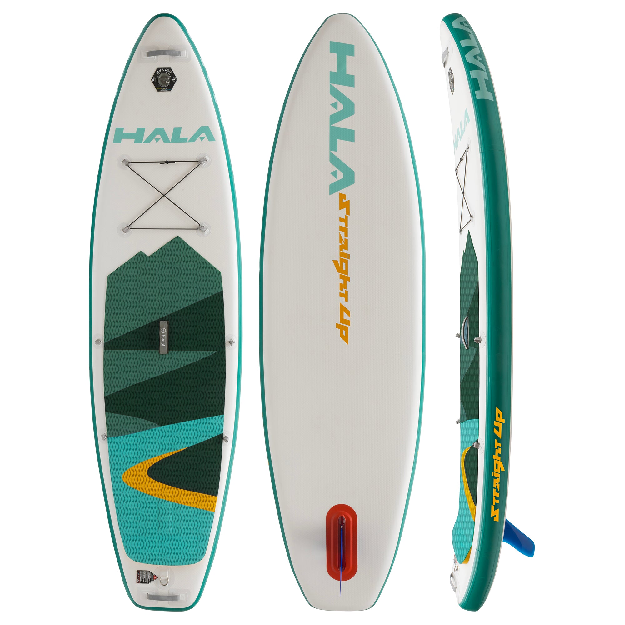 Hala Straight Up inflatable paddle board shown from three angles: top view featuring a green, blue, and yellow mountain scene deck pad with bungee tie-downs; bottom view with large center fin box and Hala Straight Up branding; and side profile displaying board thickness and logo placement.