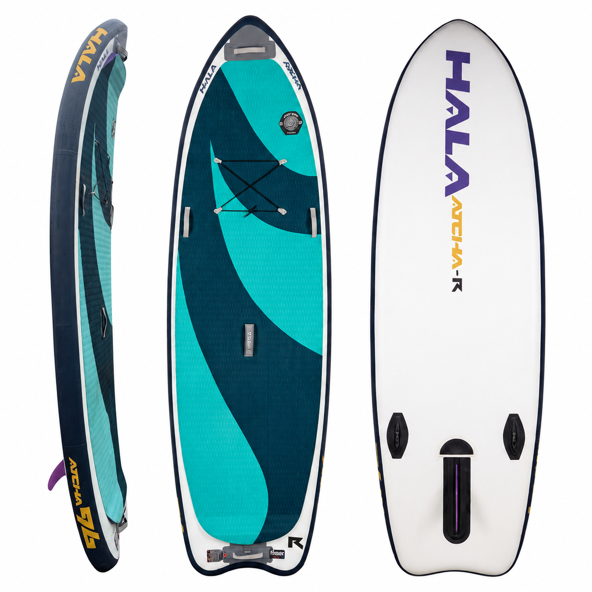 Hala Atcha 96-R inflatable whitewater SUP in side, deck and bottom views on white background