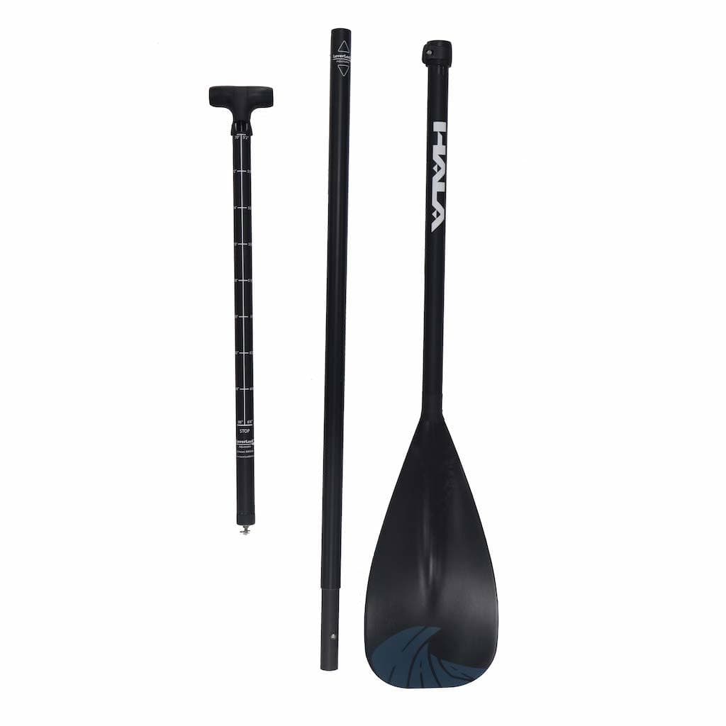 The Hala B-Line paddle in blue l is shown disassembled into three parts: the paddle blade with the lower shaft, the middle shaft section, and the top handle with the LeverLock adjustment system. The blade features a blue wave graphic, and the Hala logo is printed in white on the shaft.