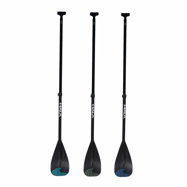 Three Hala B-Line paddles are shown fully assembled and standing upright side-by-side. Each has a black shaft and narrow blade with a colored wave graphic at the base. The left blade has a teal accent, the middle has gray, and the right has blue. All paddles feature the white Hala logo on the shaft.